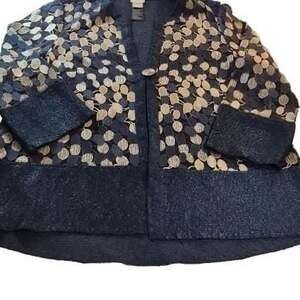 Chico's Navy Blue & Gold Metallic Dot Topper Open Front Jacket size 8/10